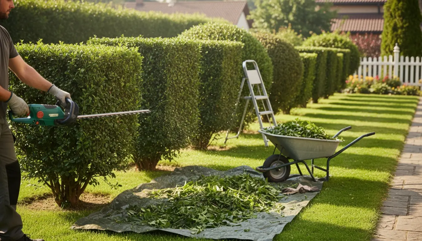 Nærbillede af hækkeklipning med en elektrisk klipper ved en række på 10–12 høje buske og afklippede grene i en trillebør.