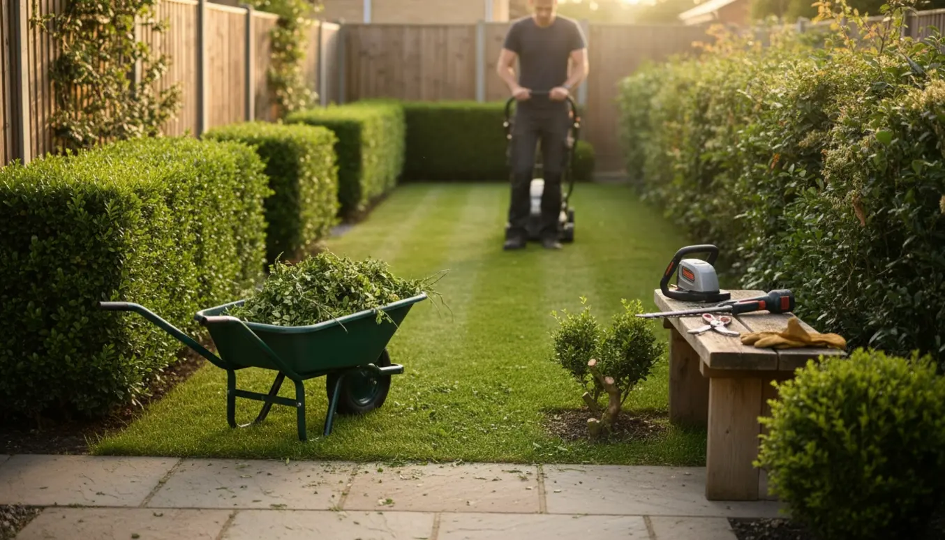 Lille græsplæne med nyslået halvdels ligusterhæk, haveredskaber og klippeaffald.