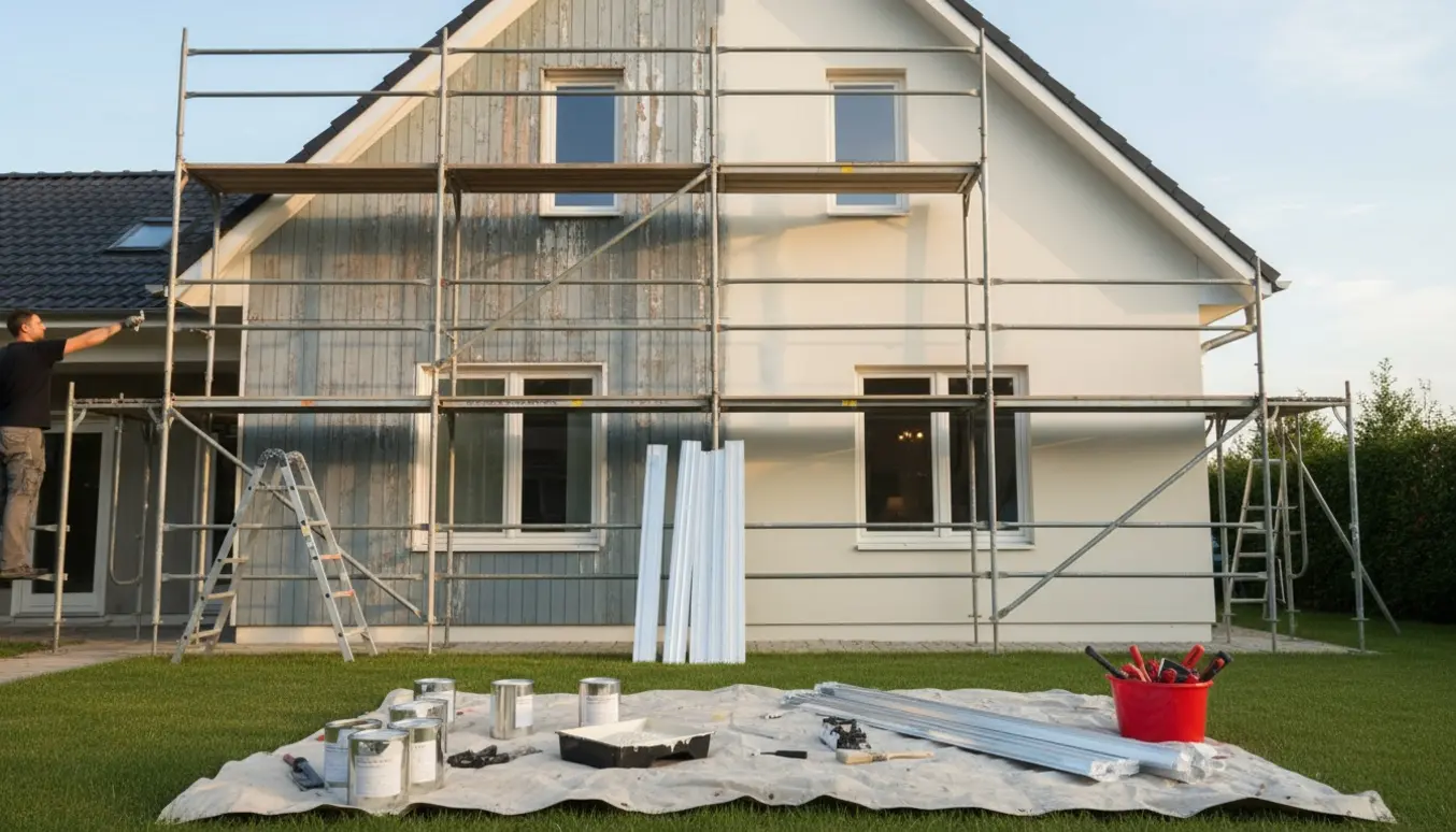 Proffstillads foran en to-etagers villa mens hænder maler en gavl, med malerbøtter og alu-inddækning klar.