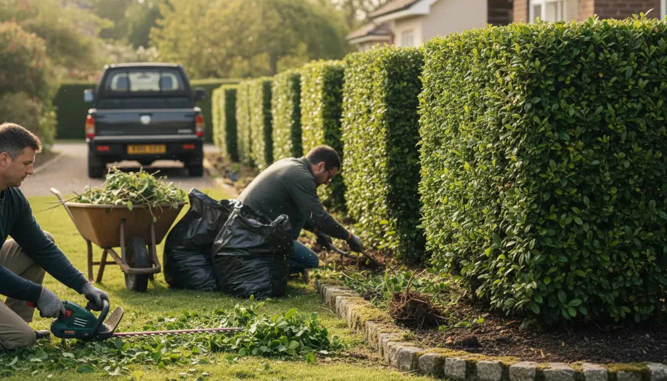 Hæktrimning og lugning ved stensætning med haveaffald i trillebør klar til bortkørsel.