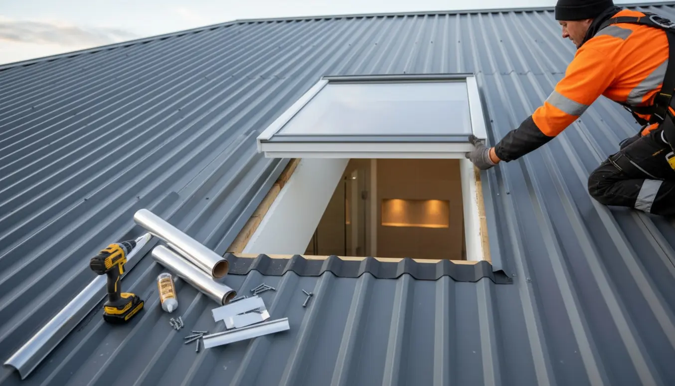 Montering af ovenlysvindue i bølgepladetag med lysningskasse ned til et flisebadeværelse.