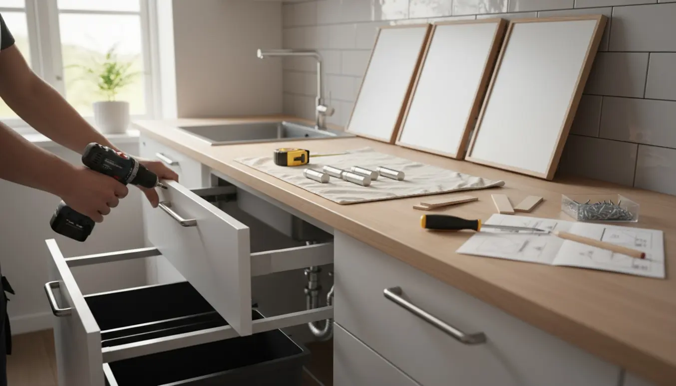 Halvfærdigt Epoq-køkken med løse låger, flere håndtag og et åbent skab under vasken med affaldssystem og værktøj.