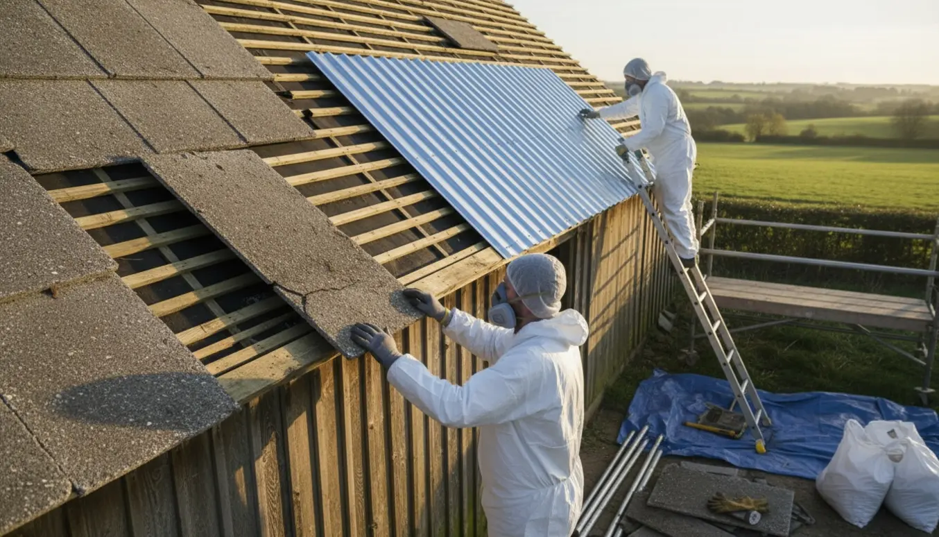 Udskiftning af asbest-eternitskifer på en lade med arbejdere i værneudstyr og nye bølgeplader klar.