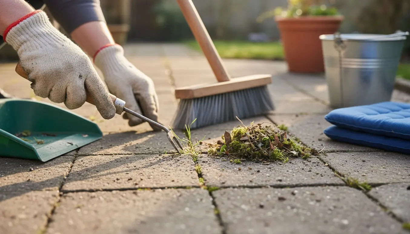 Nærbillede af hænder i havehandsker, der fjerner ukrudt mellem fliser og fejer jorden væk på en lille terrasse.