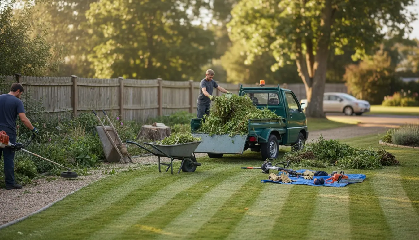 Professionel rydning af høj græsplæne og ukrudt i en mellemstor have med maskiner og trailer.