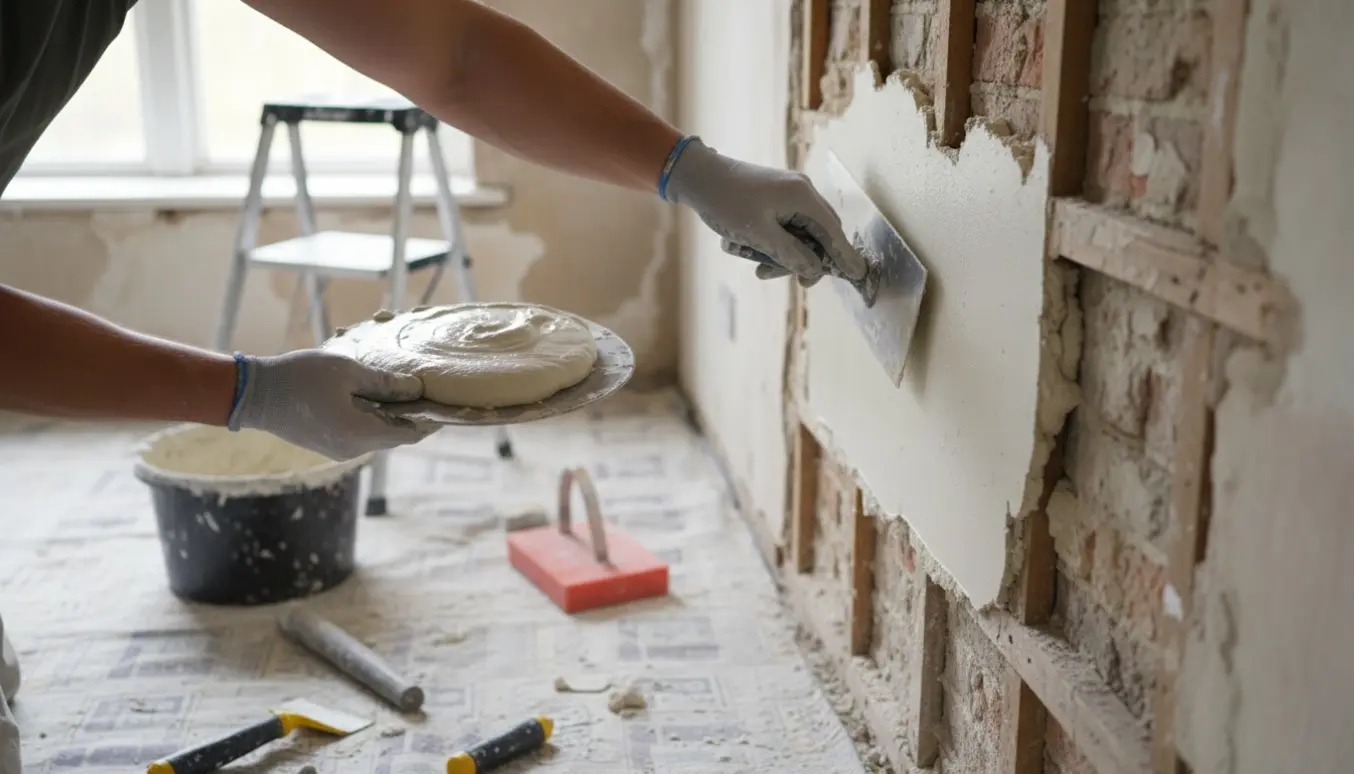 Hænder glatter frisk puds på en rå indvendig væg med murske og spand ved et vindue.