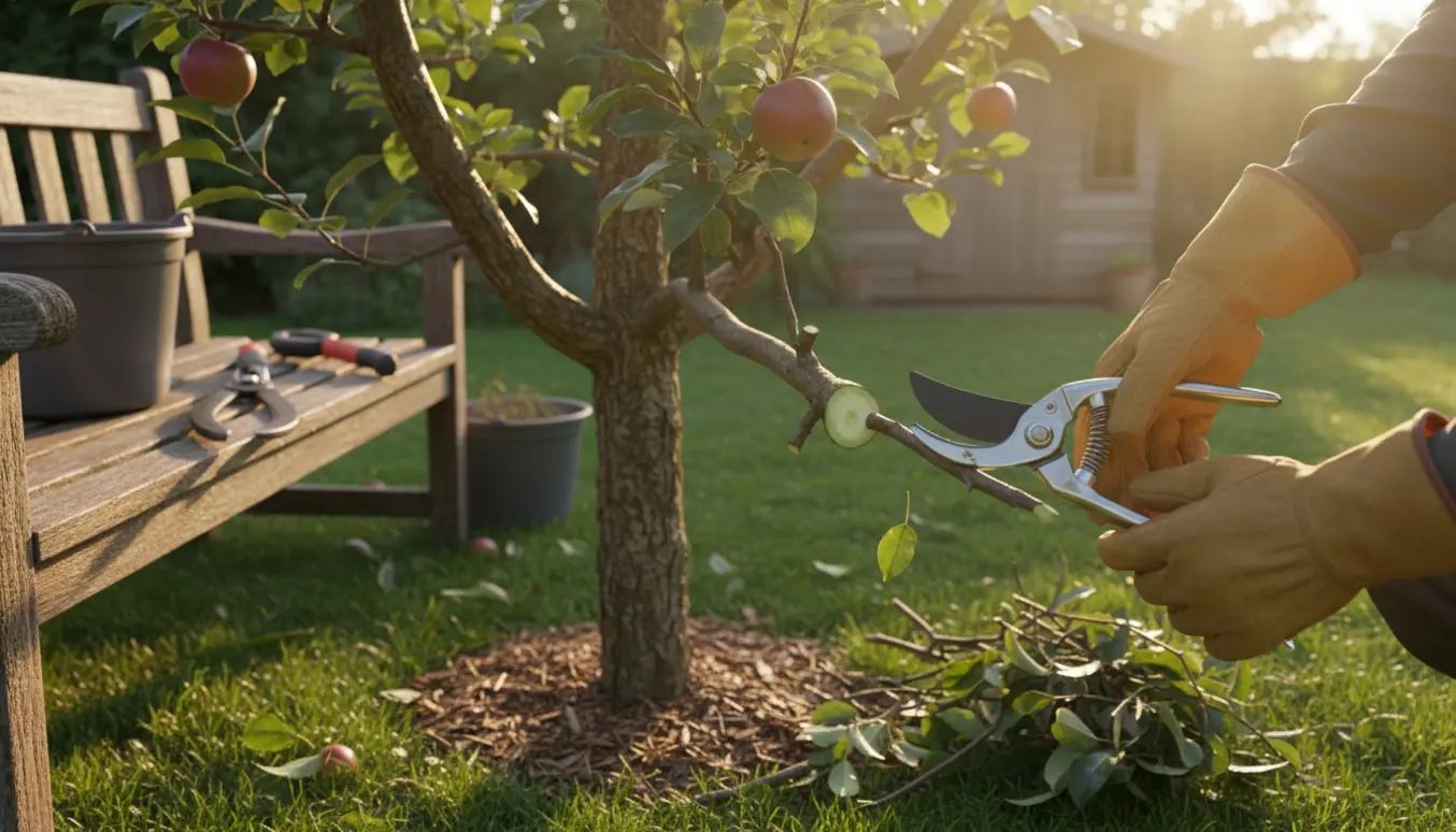 Nærbillede af handskerede hænder, der beskærer et mindre æbletræ med beskæresaks i en solrig have.
