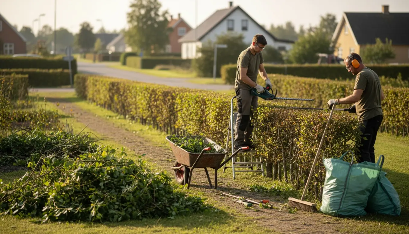 En kolonihavehæk i Aalborg bliver beskåret med hækkeklipper og trillebør fuld af afklip klar til bortkørsel.