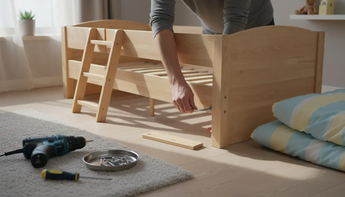 Hænder samler en delvist opbygget Kura børneseng i et lyst soveværelse med værktøj og træpaneler.