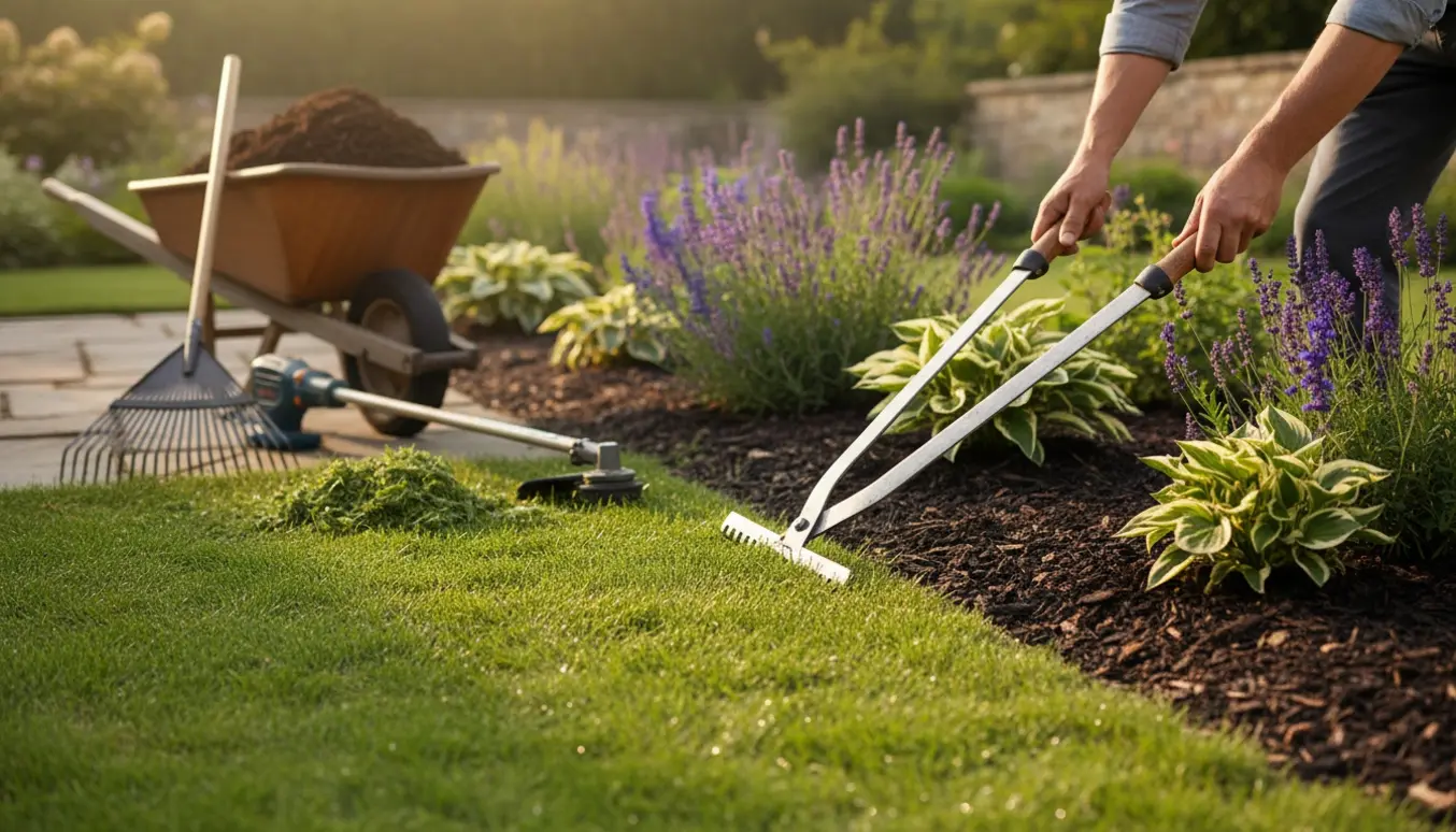 Hænder trimmer græskant med kantklipper langs et velplejet blomsterbed i blødt morgenlys.