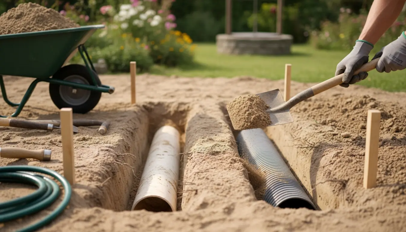 Udgravning af tilløb og afløb til brønd med eksponerede rør, skovl og genbrug af sandet jord.