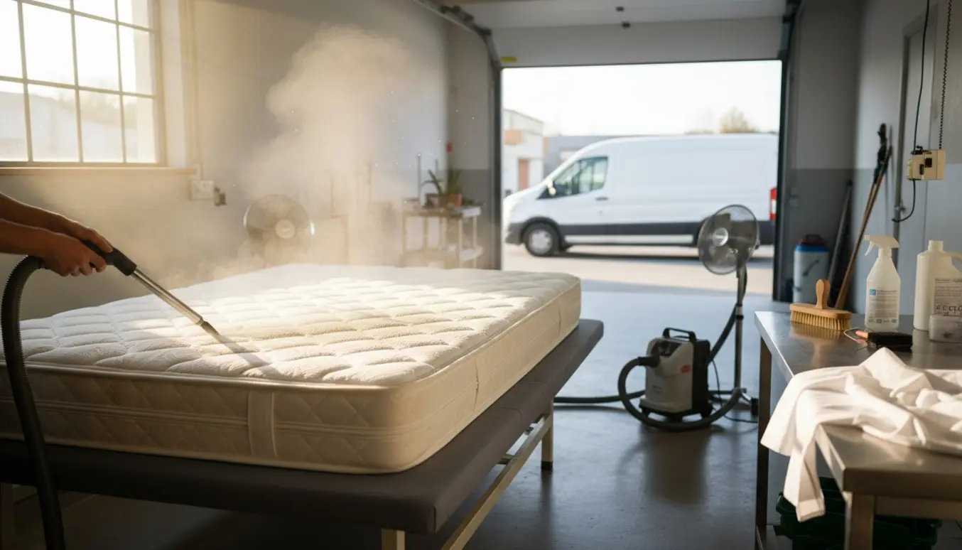 Topmadras rengøres professionelt i et lyst værksted med damprenser og klar til afhentning.