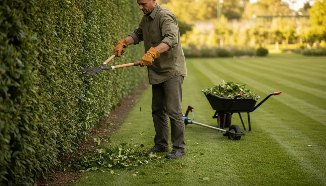 Person klipper indersiden af en tæt hæk med hæk saks, mens en græstrimmer ligger på nyklippet græs.