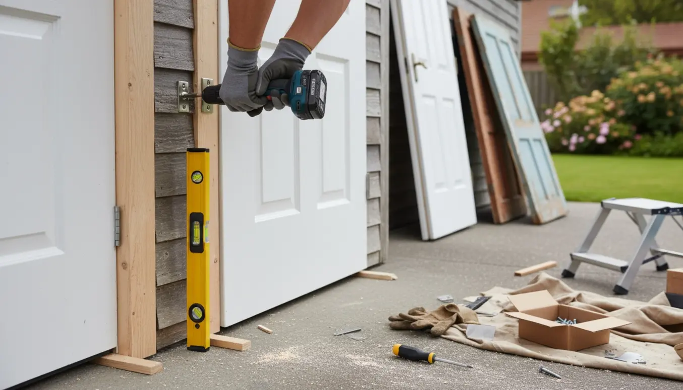 Hænder monterer en ny garage- og udhusdør med værktøj og de gamle døre lagt til side.
