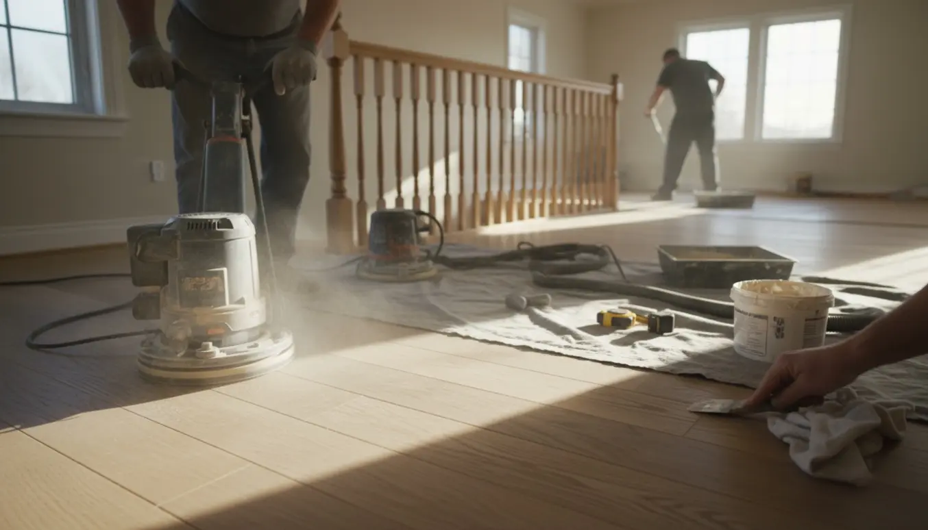 Nærbillede af slibning og spartling af lyst egetræs gulv i et hjem med synlig trappe til øverste etage.