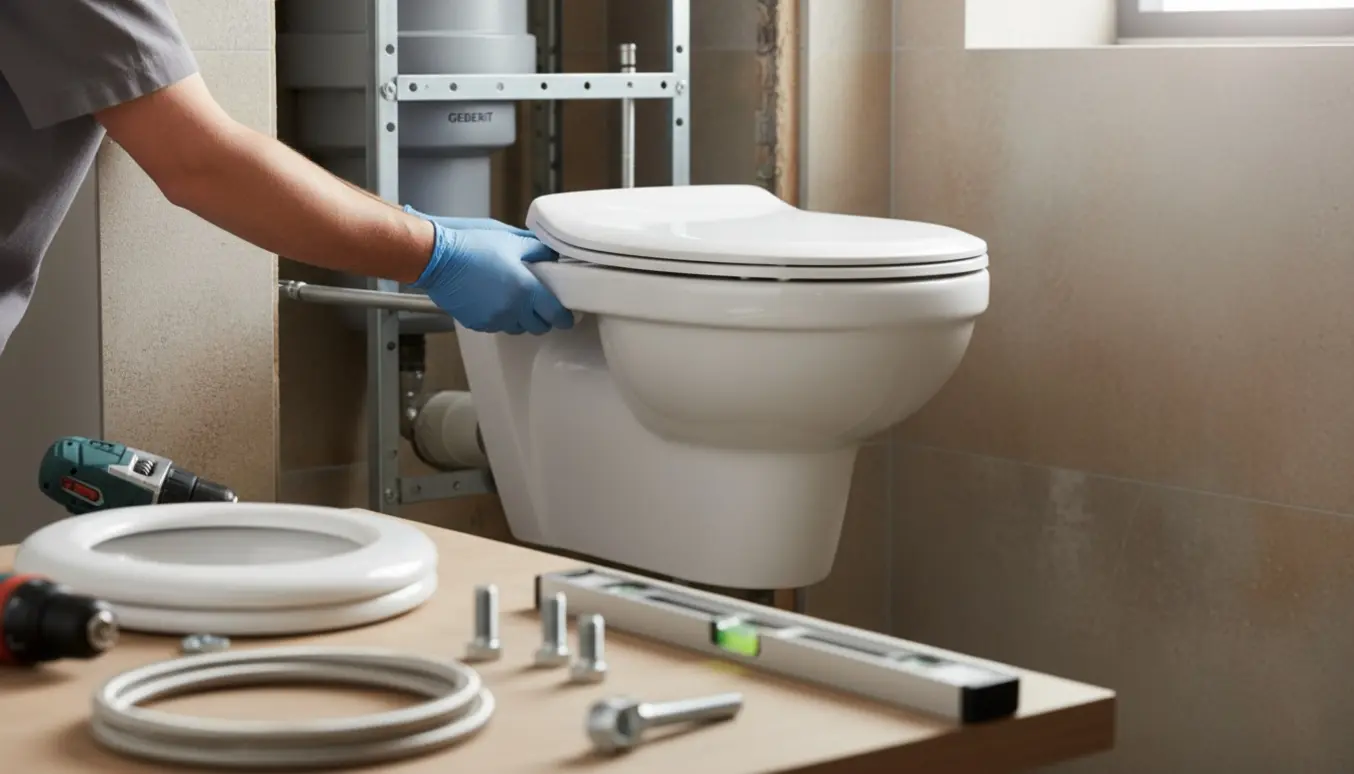 Hænder monterer et væghængt toilet på en Geberit indbygningscisterne i et moderne badeværelse.