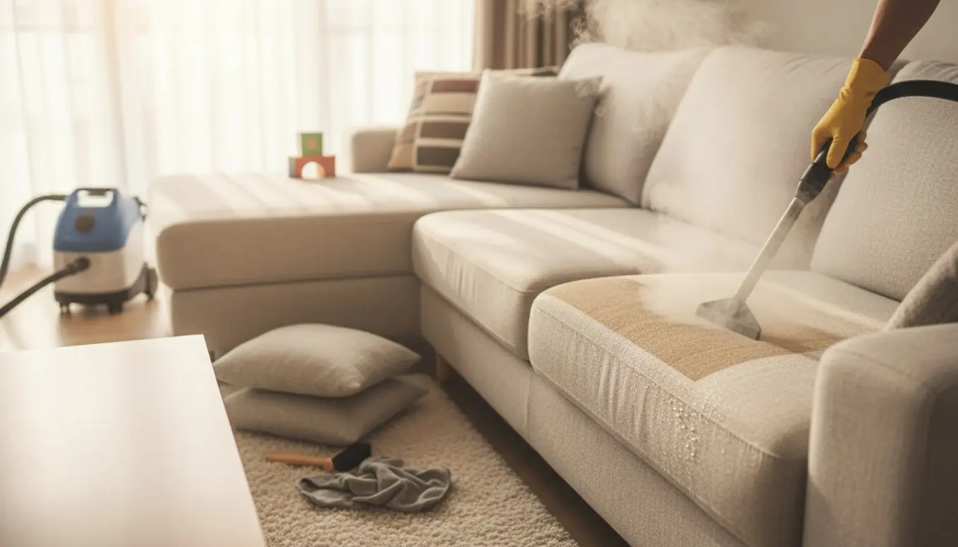 Lys stof hjørnesofa renses med damp af en tekniker, puder lagt til side og synlig forskel mellem renset og snavset område.