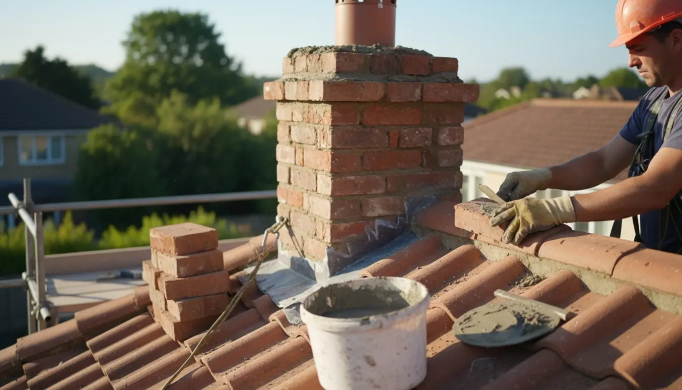 Opmuring af en skorsten på taget af et to-etagers hus med mursten, mørtel og murerens værktøj.