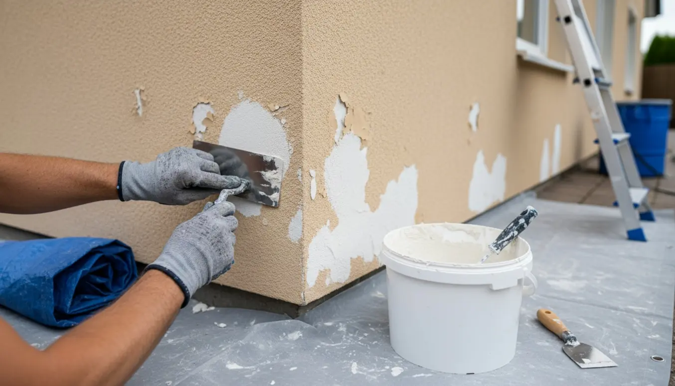 Udvendig væg med små nypudsede hvide lapper og en hånd, der glatter spartel på en af områderne.