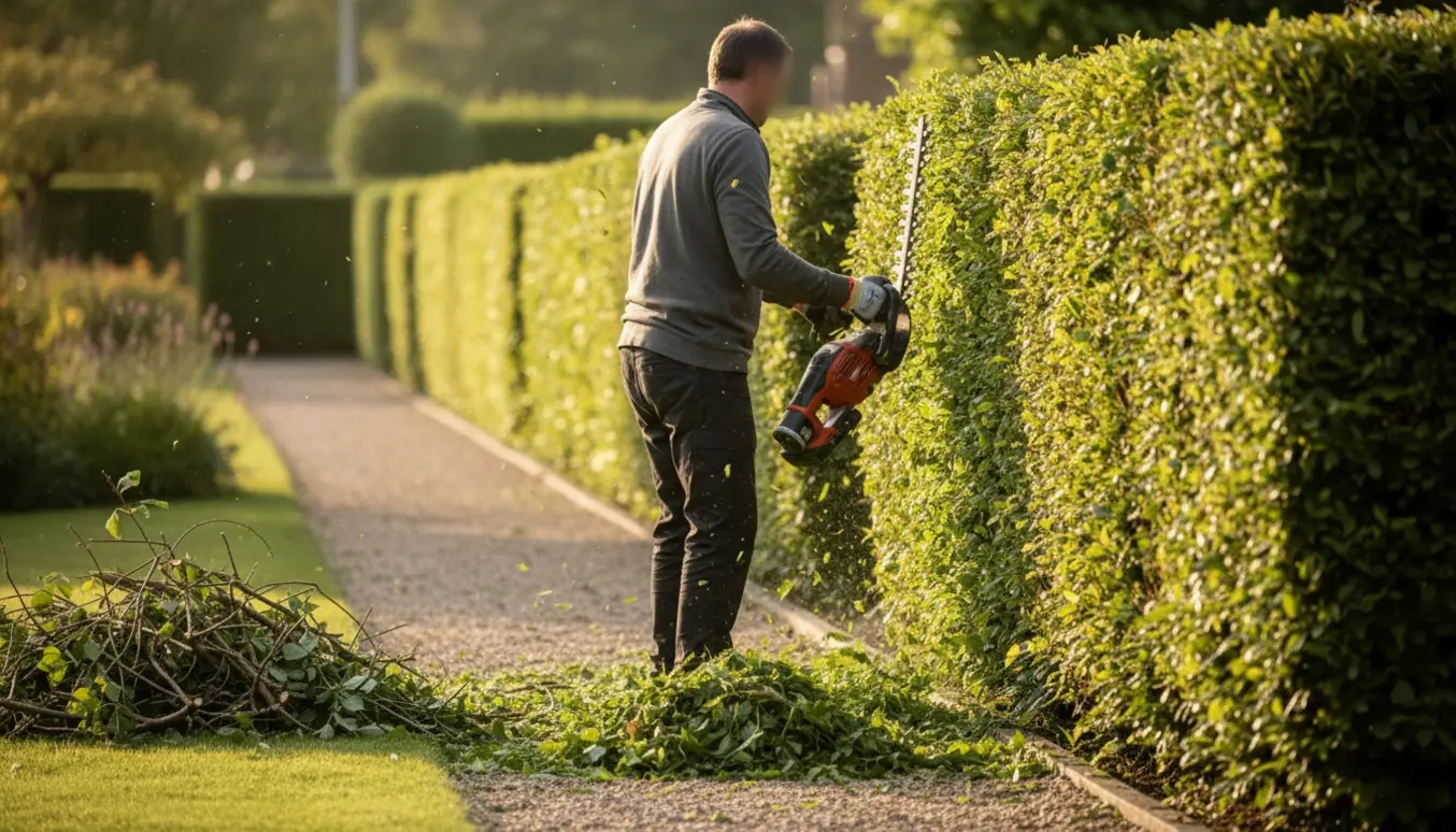 En person trimmer en lang, smal hæk set bagfra, mens afklippede grene samles i en grenbunke på grunden.