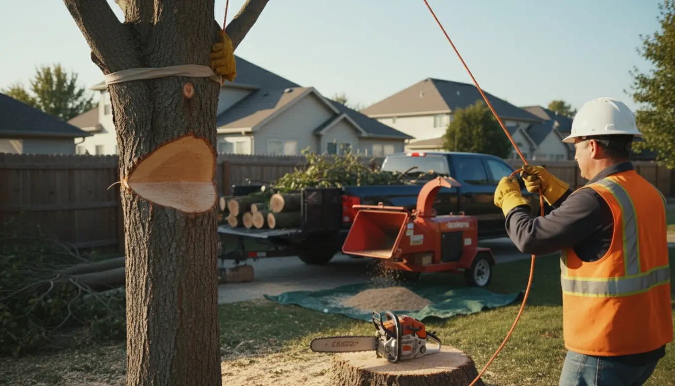 Arbejdere fælder et træ og læsser afsavede stammer på en trailer i en baghave med savspon på jorden.