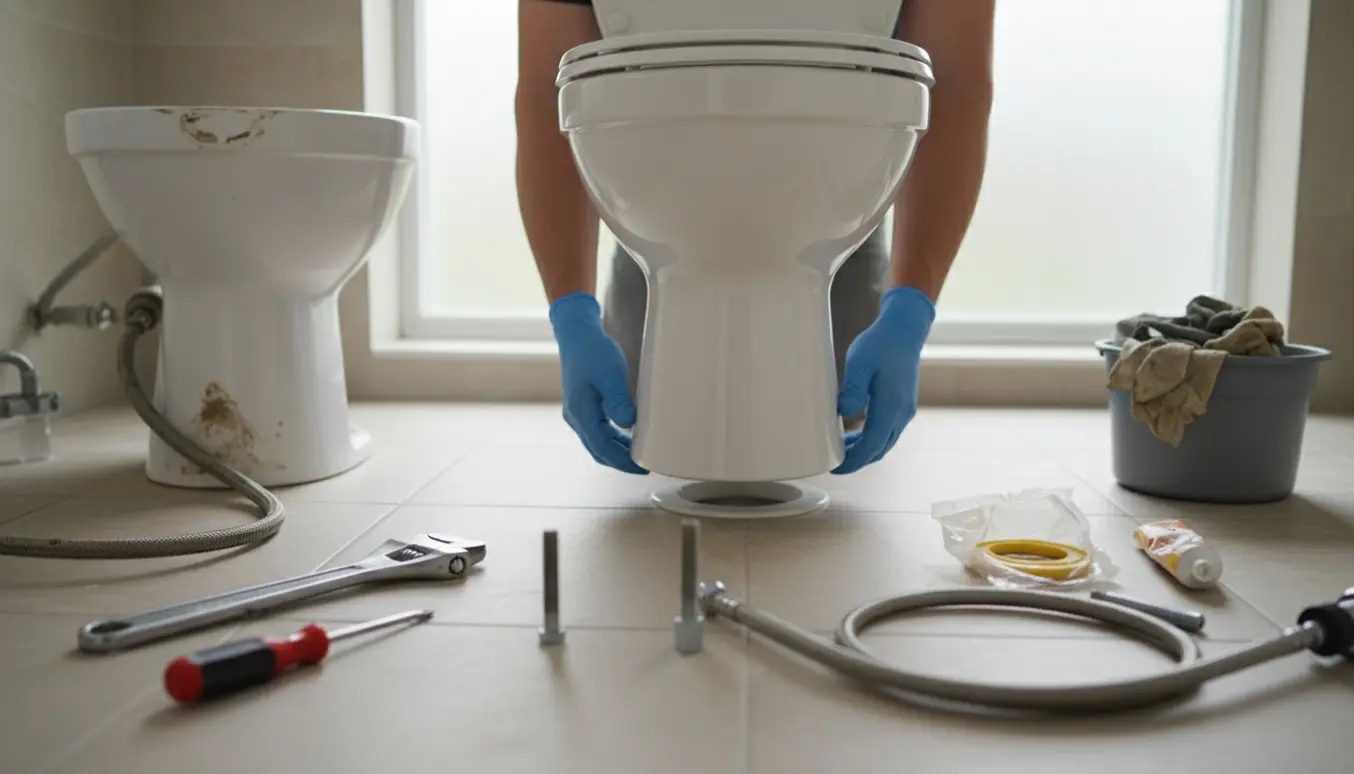 Installation af nyt stående toilet på flisegulv med værktøj og en håndværker uden synligt ansigt.