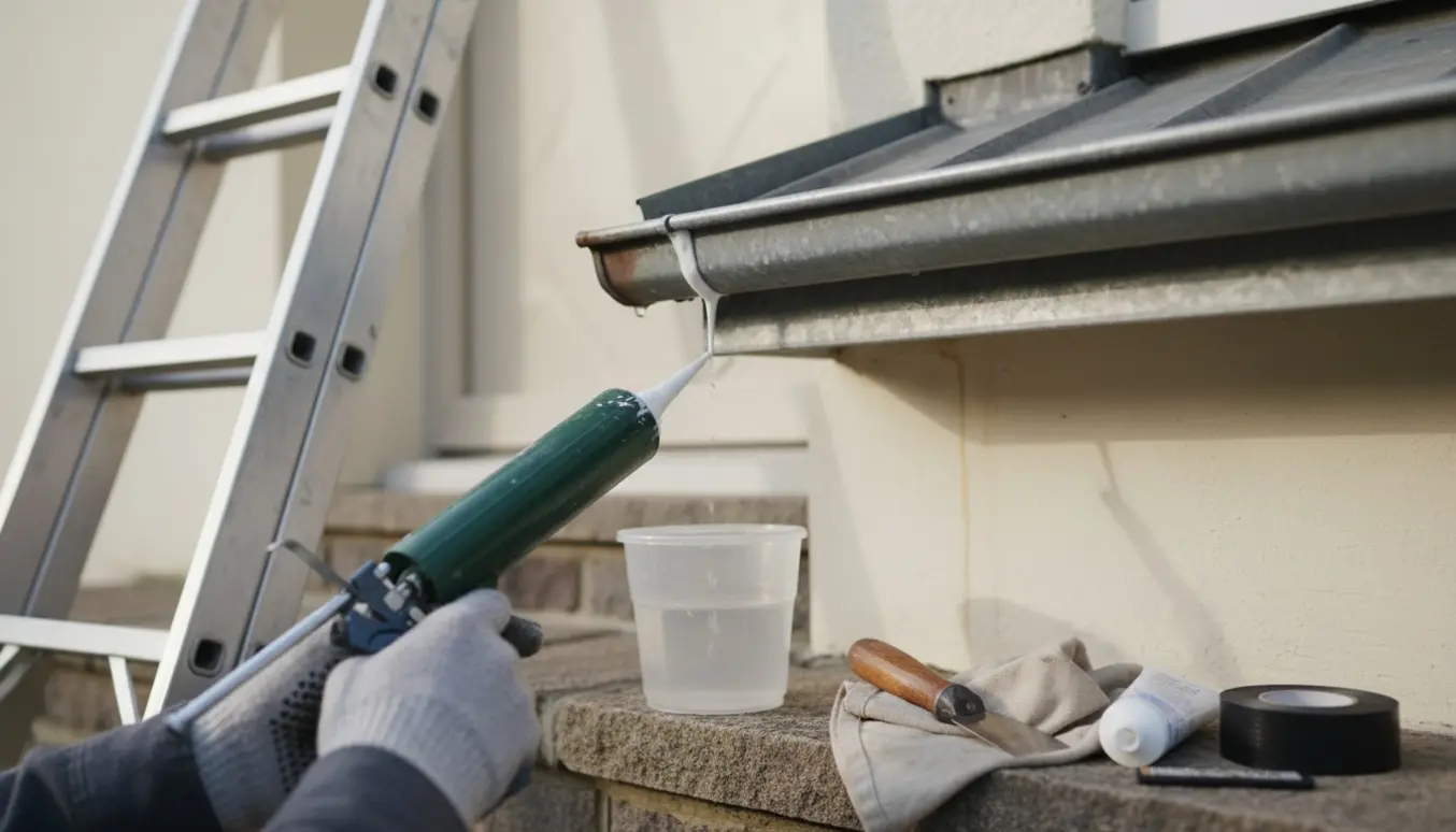 Nærbillede af en dryppende ståltagrende ved en hoveddør med handske og fugepistol ved samlingen.