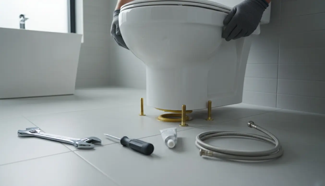 Nyt toiletskål sænkes ned på gulvflangen i et lyst badeværelse omgivet af værktøj.