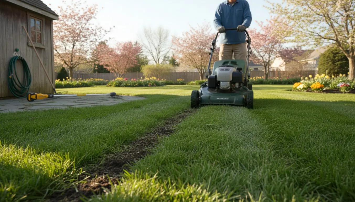 En person ses bagfra og klipper en velplejet forårsgræsplæne med en plæneklipper, der efterlader stribede mønstre.
