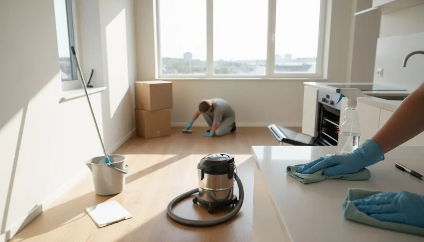 Hænder tørre en tom 3-værelses lejlighed af med klud og rengøringsudstyr i sollys.