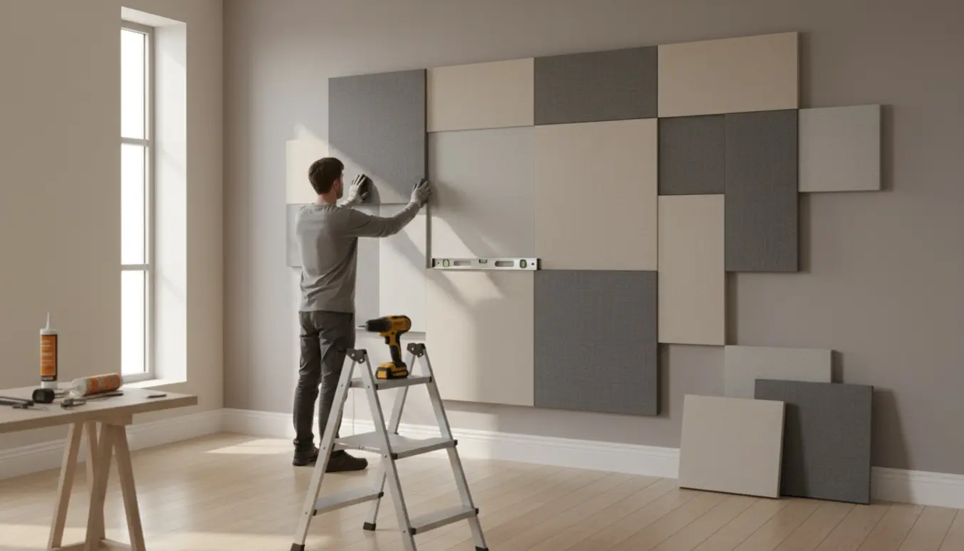 Hænder monterer stofbeklædte akustikpaneler på en stor væg i et lyst, moderne rum.