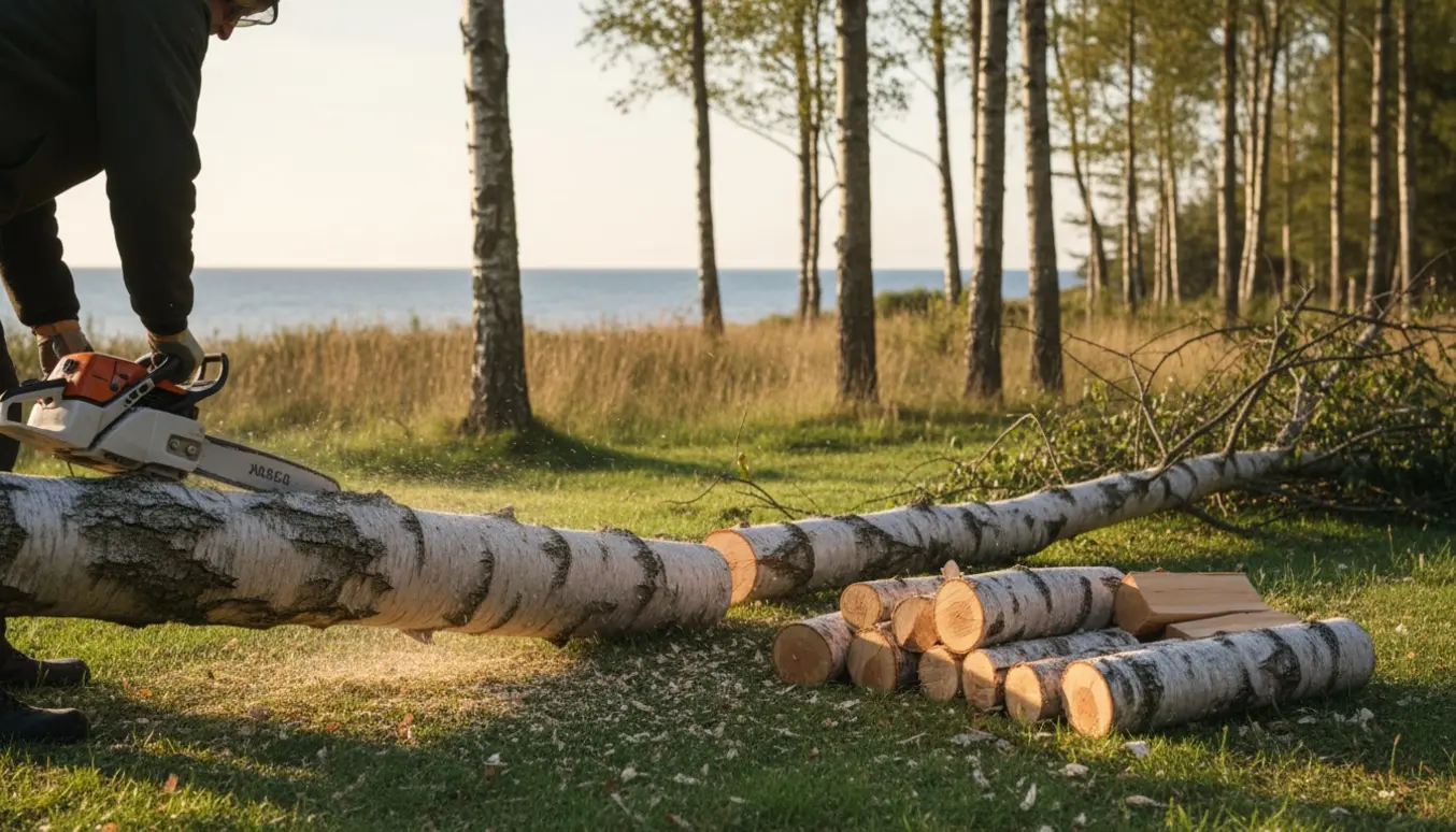 Et fældet birketræ hvor de nederste tre meter er savet til brændeovnsstykker og stablet ved siden af.