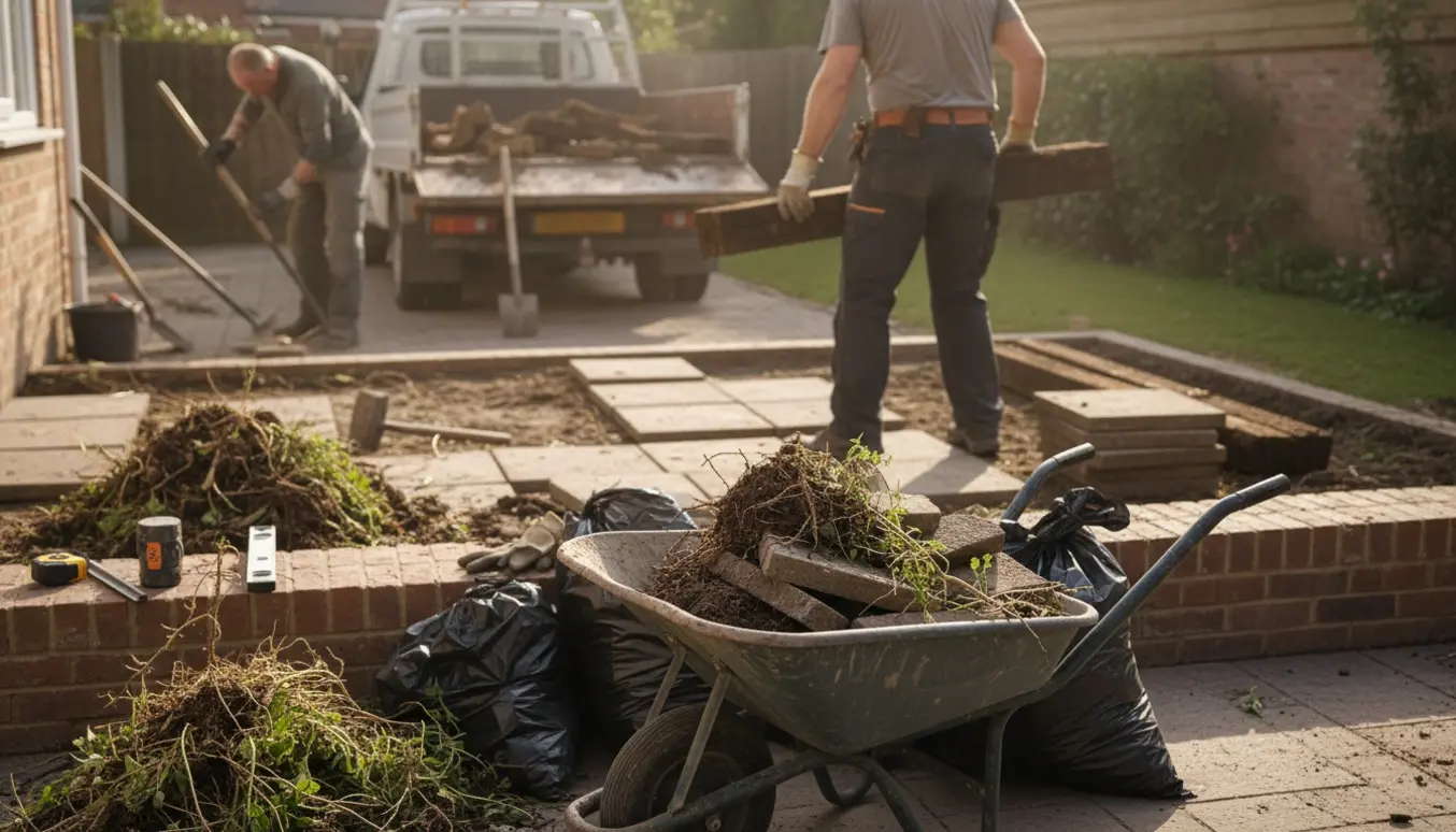 Ryddet terrasse med bunke af sten, gamle jernbanesveller og sække klar til bortskaffelse.
