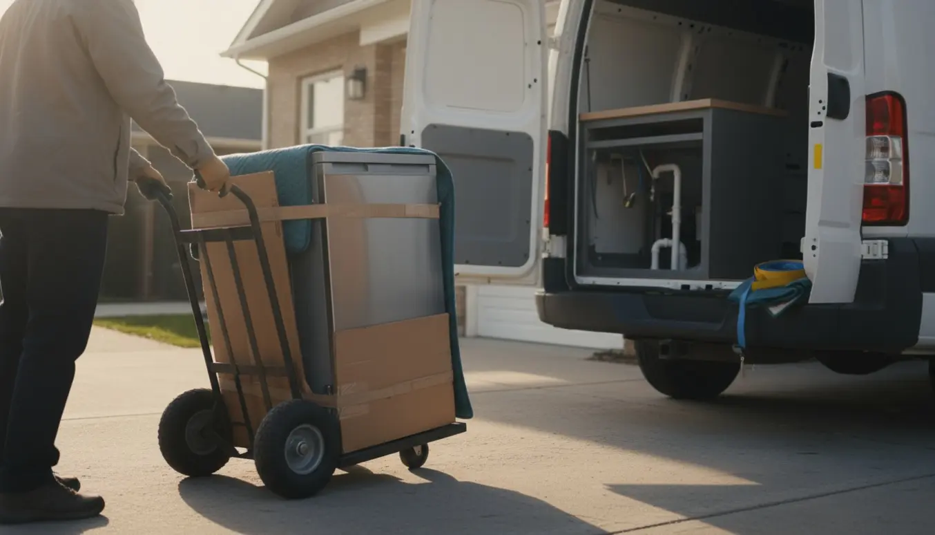 En opvaskemaskine pakket i karton på en trillebør læsses ind i en hvid varevogn foran et hus.