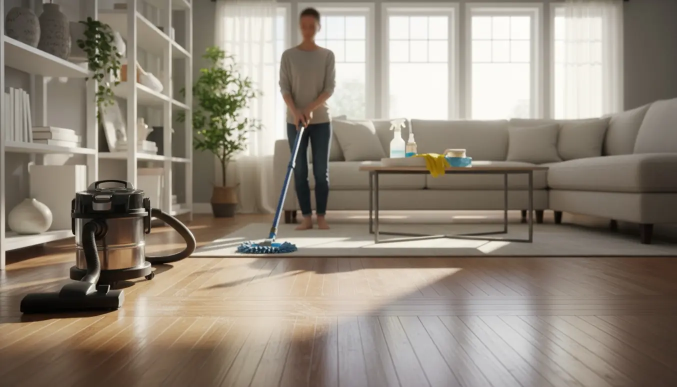 Indvendigt billede af almindelig rengøring i et enkeltplanshus med støvsuger og moppe i varmt dagslys.