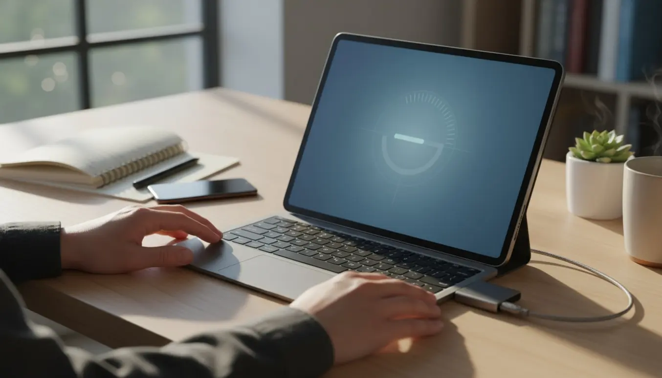 En person ved et skrivebord med en moderne tablet-laptop forbundet til en ekstern harddisk under filoverførsel efter nulstilling.