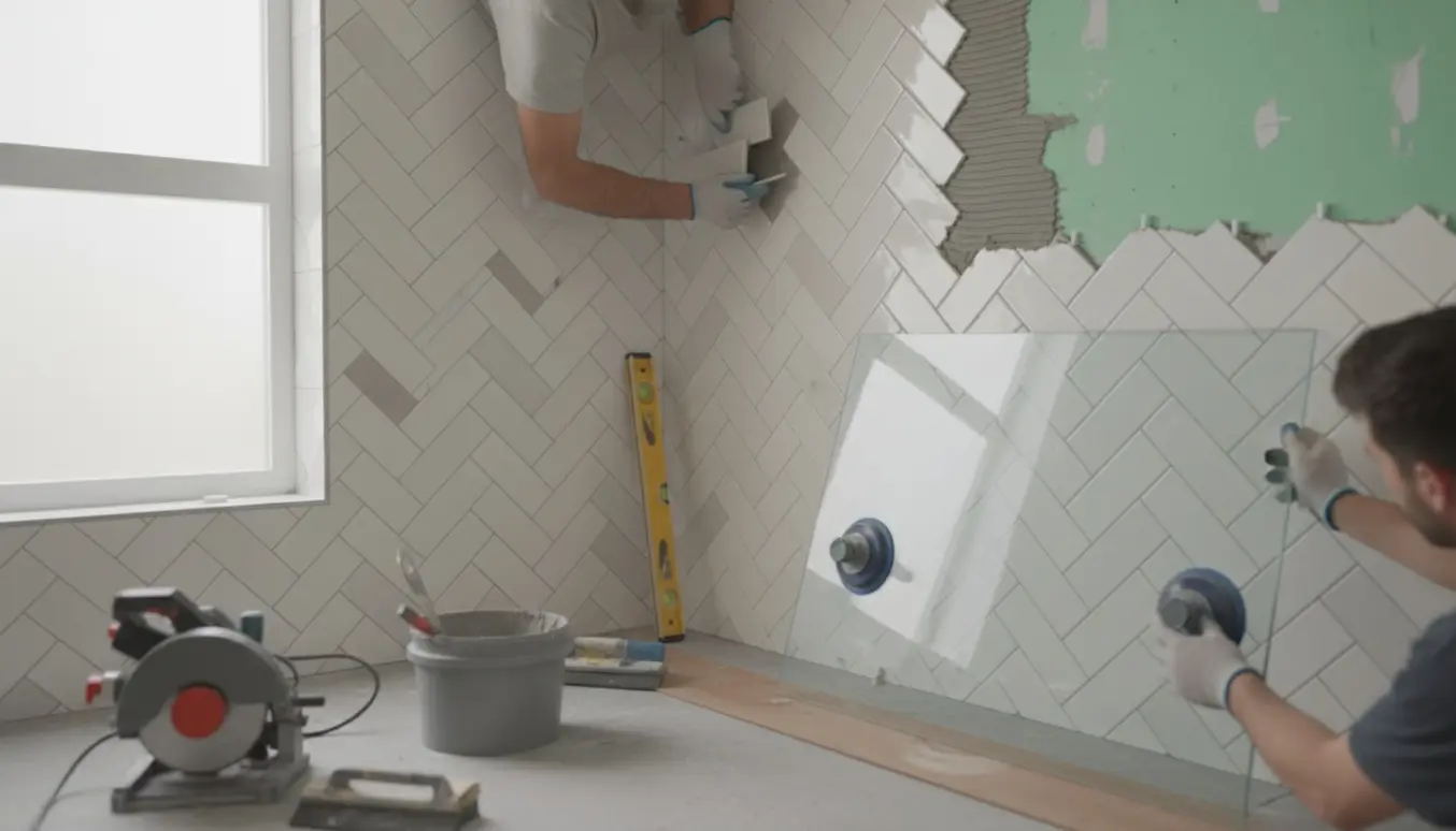 Delvist færdigt brusehjørne med 6,5×20 cm sildebensklinker på væggene og en glasvæg under montering.