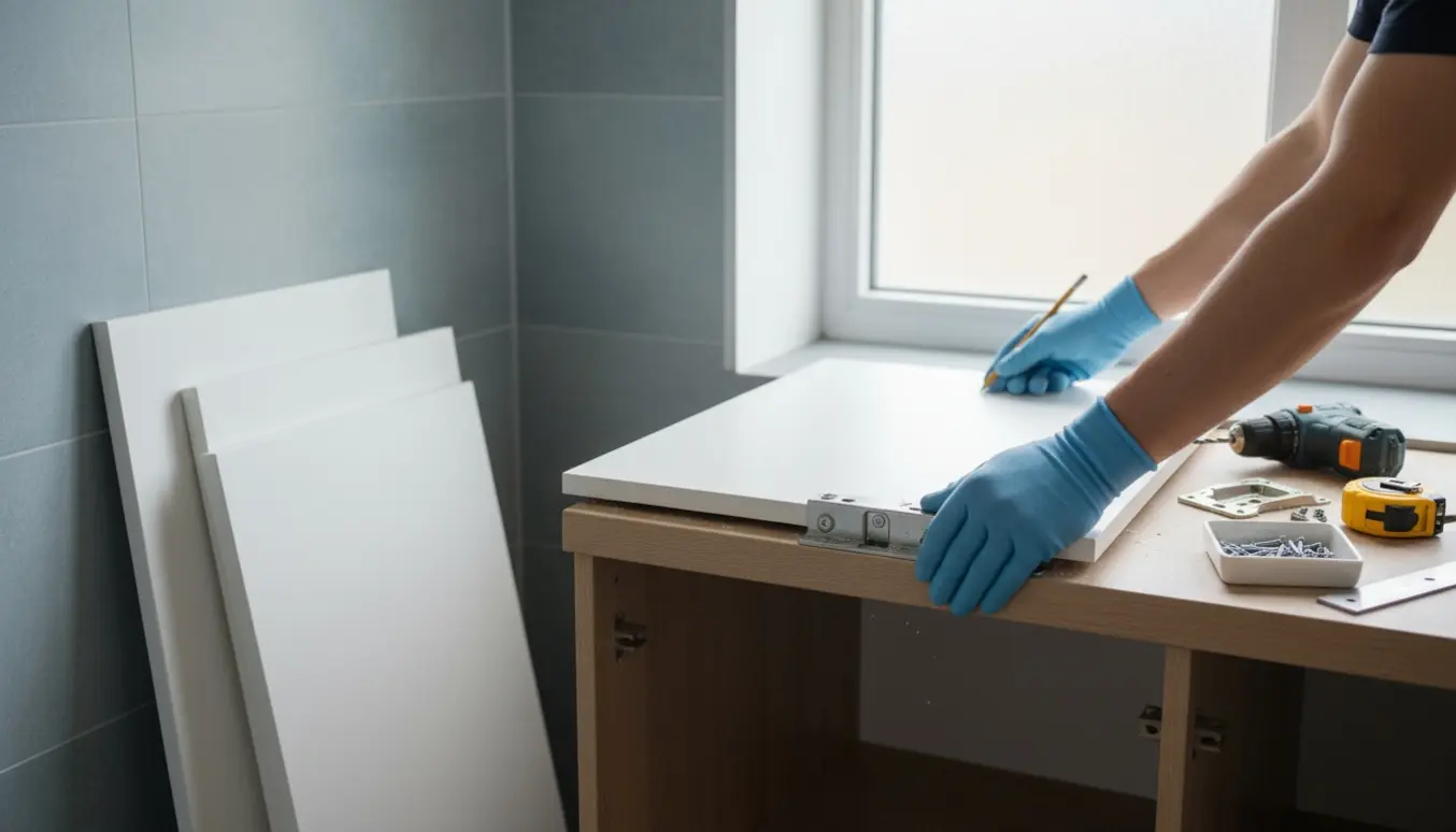 Hænder monterer nye 30x60 cm skabslåger på et badeværelsesskab med boremaskine, beslag og målebånd.