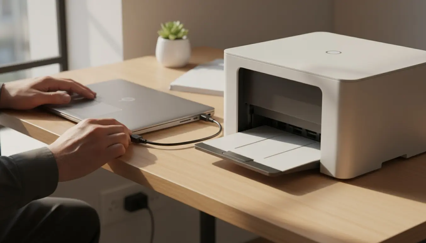 Hænder forbinder en kompakt sort-hvid laserskriver til en sølv bærbar computer med et USB-kabel på et lyst skrivebord.