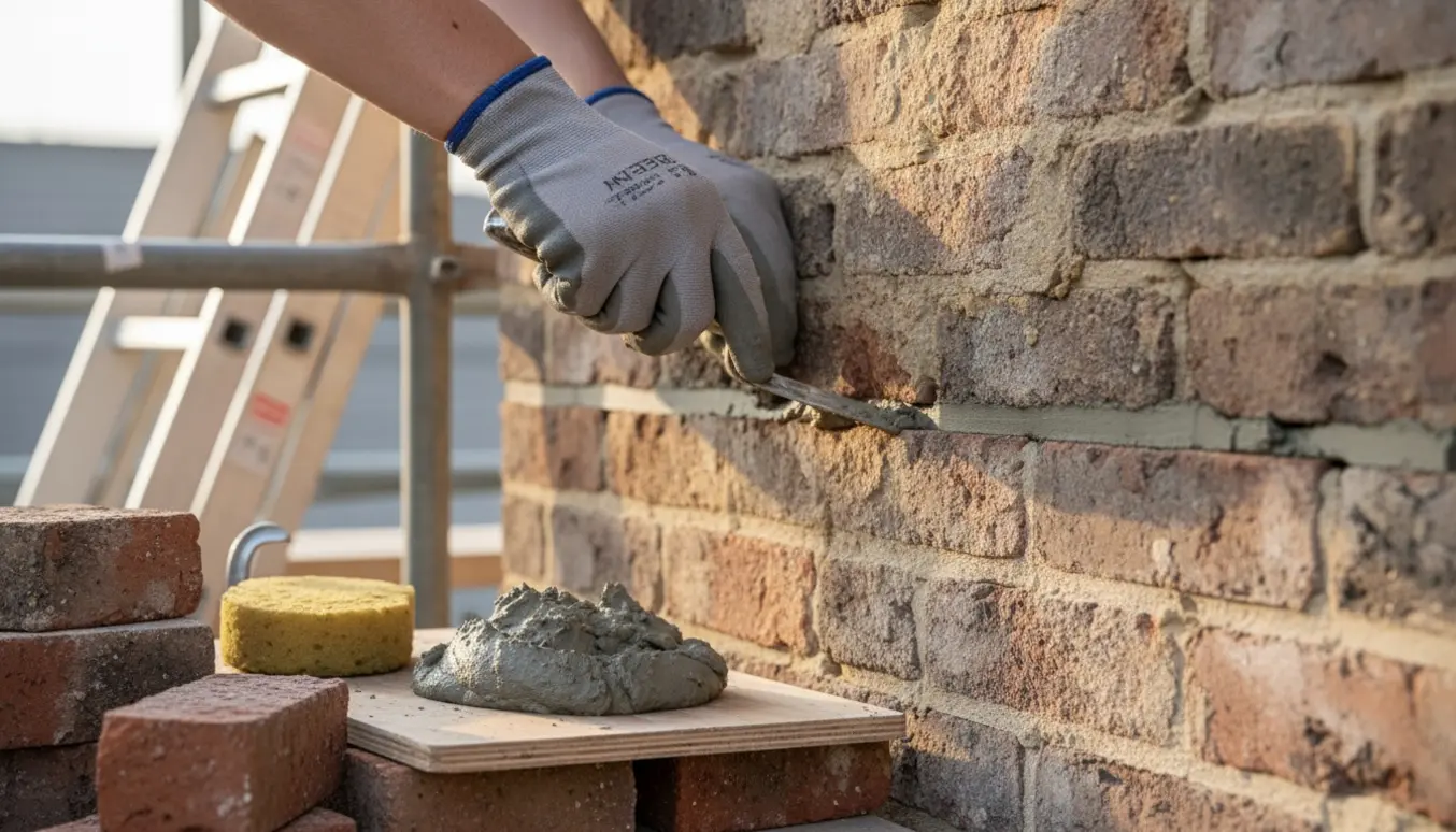 Nærbillede af murværksreparation med hænder, der påfører frisk mørtel i en fuge.
