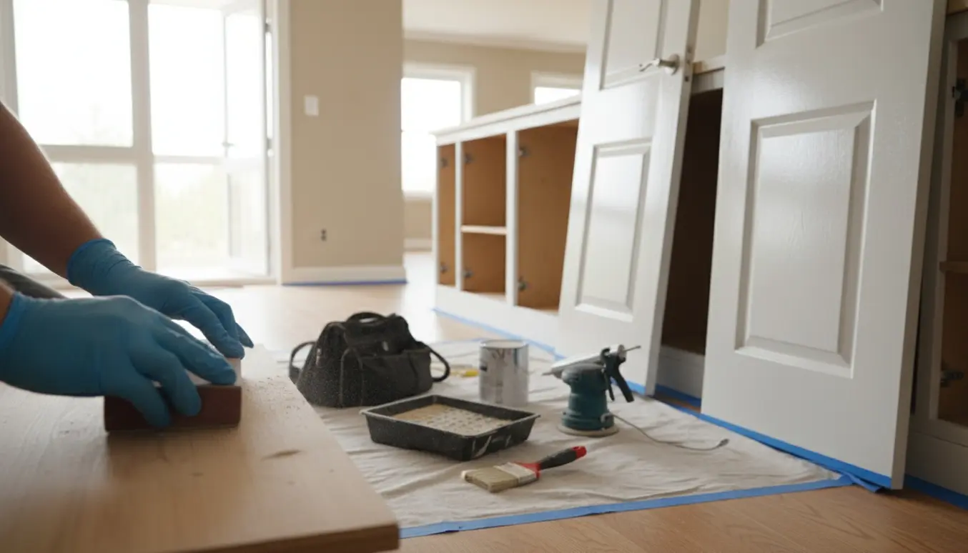 Hænder sliber og maler paneler, døre og køkkenskabe i et lyst åbent køkken-alrum.