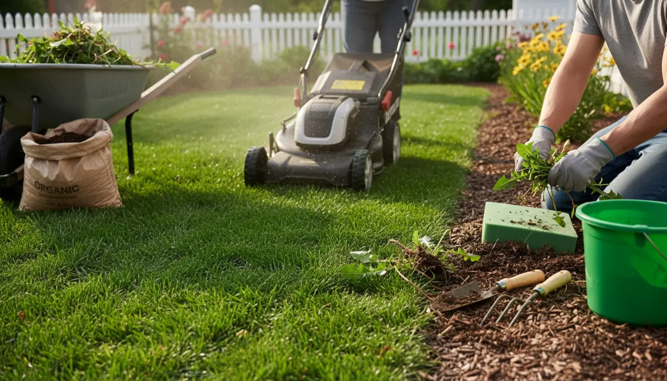 Soloplyst have med plæneklipper på nyrasket græs og handsker, der trækker ukrudt op af et bed.