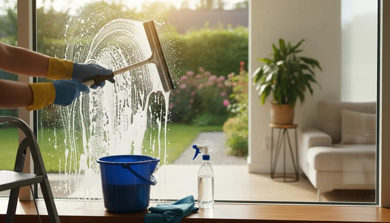 Hænder i gummihandsker pudser et vindue med en skraber og efterlader en stribefri glasflade.