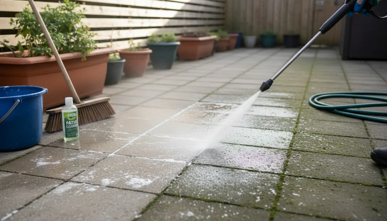 Rensning af belægningssten med højtryksrenser, der afslører en ren stribe gennem mos og alger.