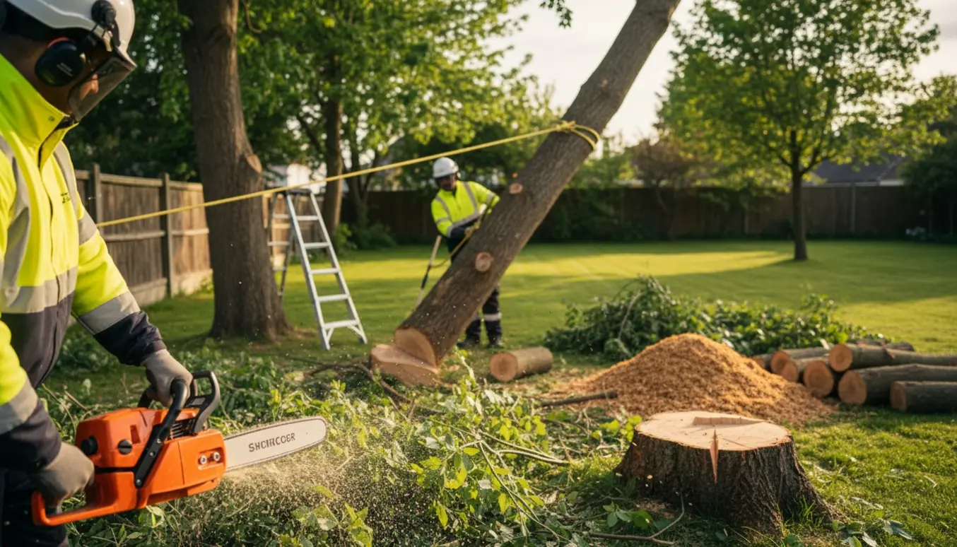 To arbejdere fælder og beskærer 2–3 træer i en have med stammer, kviste og savsmuld på græsset.