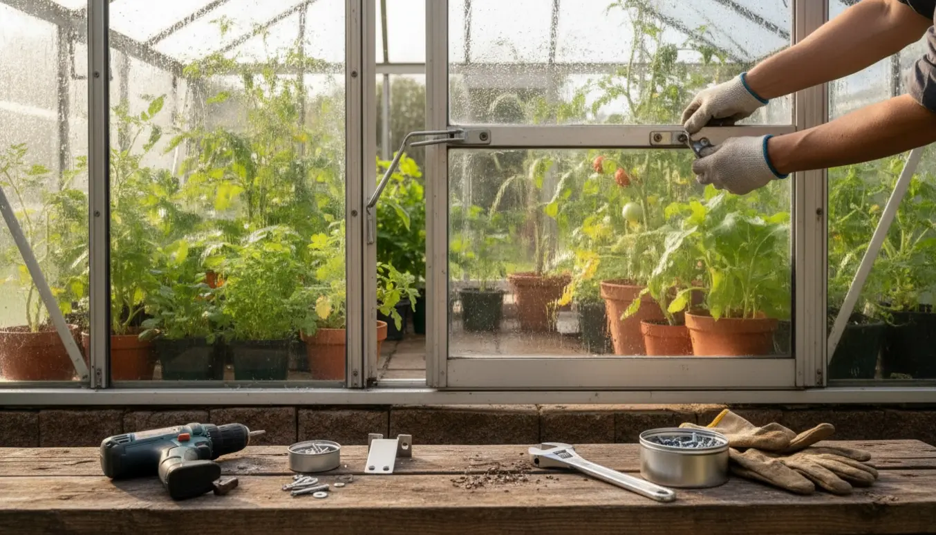 Drivhusdør med knækket beslag og værktøj klar til reparation, med gloved hænder der holder en erstatningsbeslag.