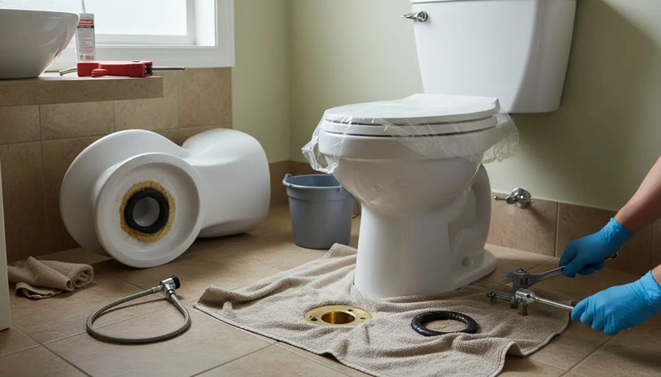 Nærbillede af hænder, der monterer et nyt toilet på flisegulv i et lyst badeværelse.