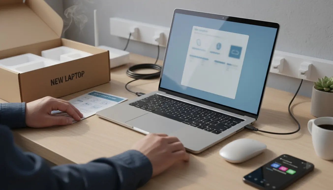 Hænder sætter en ny bærbar op ved et ryddeligt skrivebord med åben emballage og tilbehør.