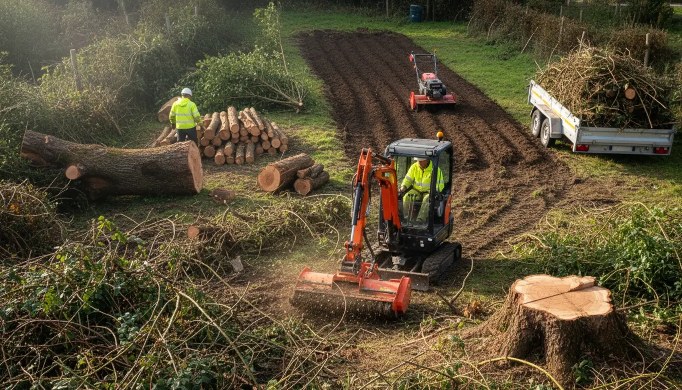 Entreprenør rydder brombær og småtræer på en skrånende grund med maskiner og bunker af afskårne grene.