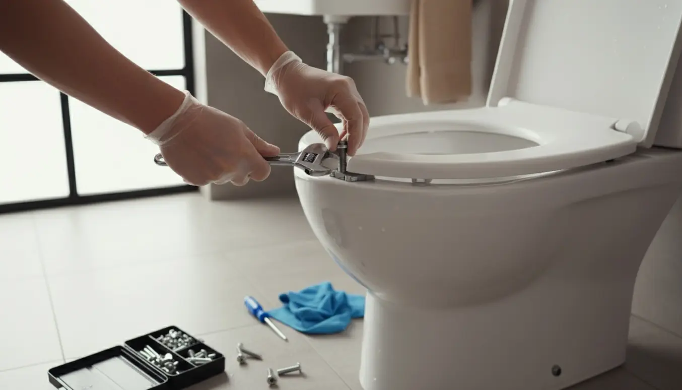 Hænder fra håndleddet monterer et nyt toiletsæde på et rent toilet i et lyst badeværelse.